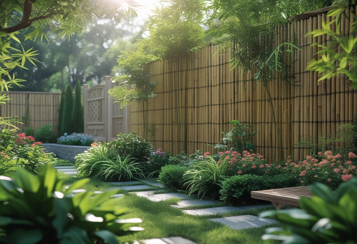 A garden with bamboo panel fencing surrounded by green plants, flowers, a wooden bench, and a stone pathway.