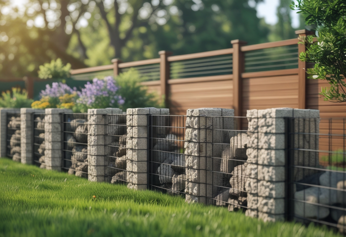 A garden fence made of stone-filled wire cages and wooden panels surrounded by grass and plants.