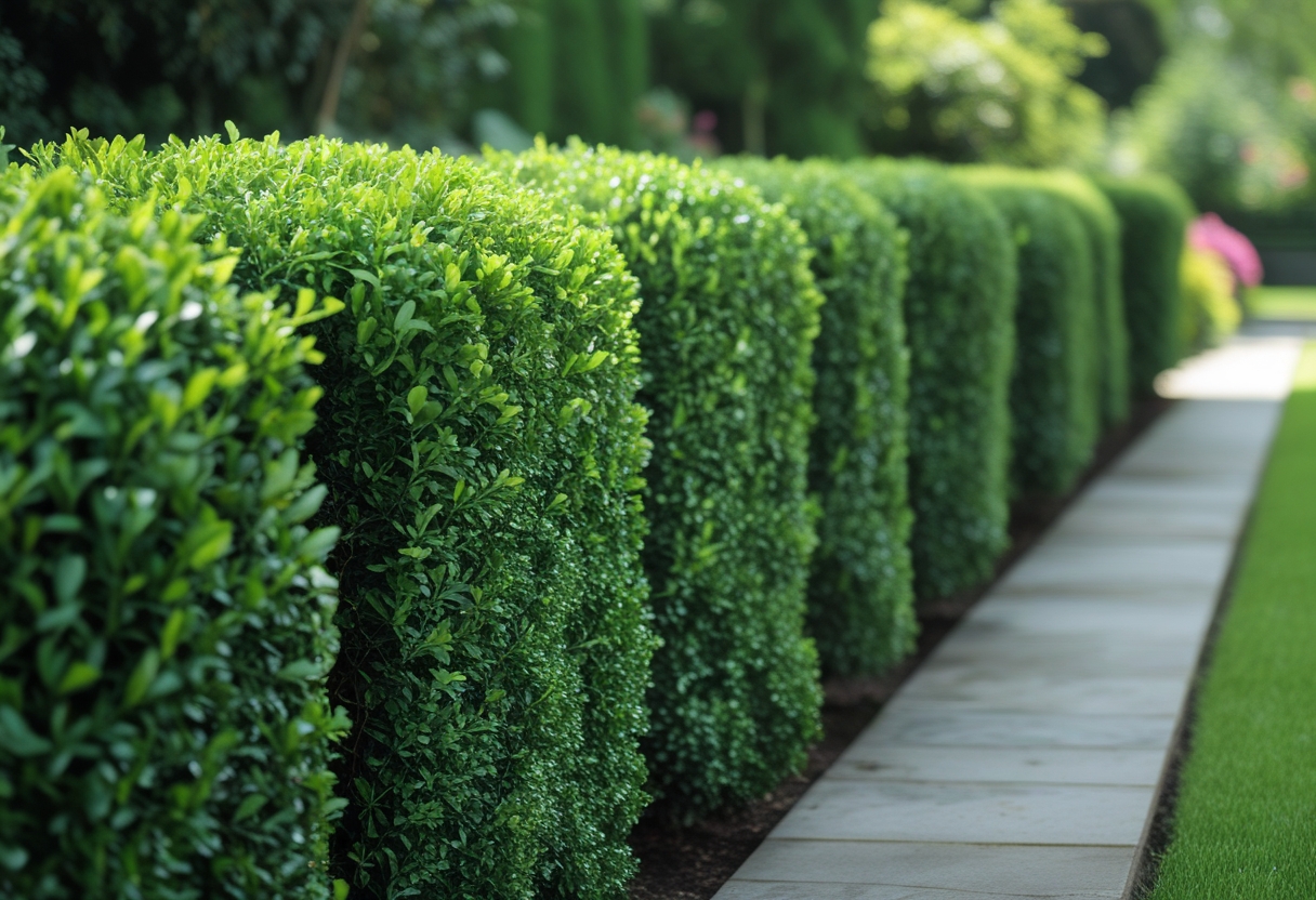 A neatly trimmed green hedge made of boxwood or laurel plants forming a natural fence along a garden pathway.