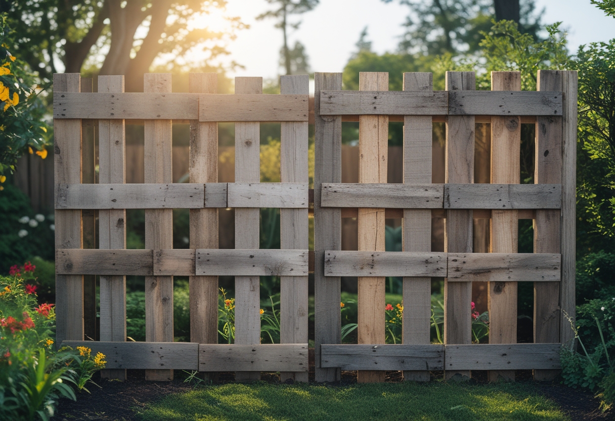 A garden fence made from reclaimed wooden pallets surrounded by green plants and colorful flowers in a sunny outdoor setting.