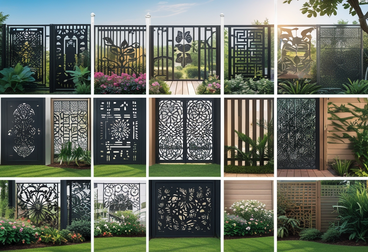 A garden with nine different metal decorative fence panels featuring various intricate cut-out patterns surrounded by plants and flowers.