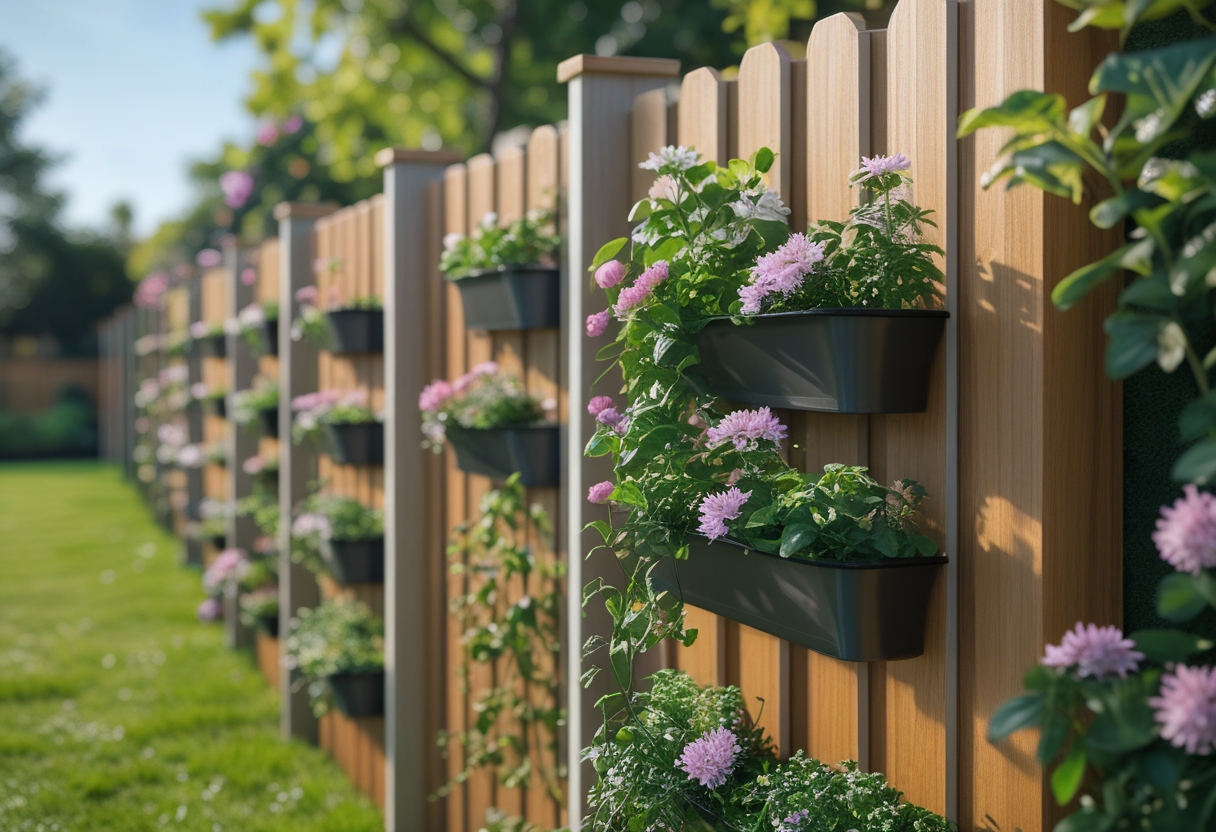 A wooden vertical planter fence with built-in pots holding green plants and colorful flowers in a sunny garden.