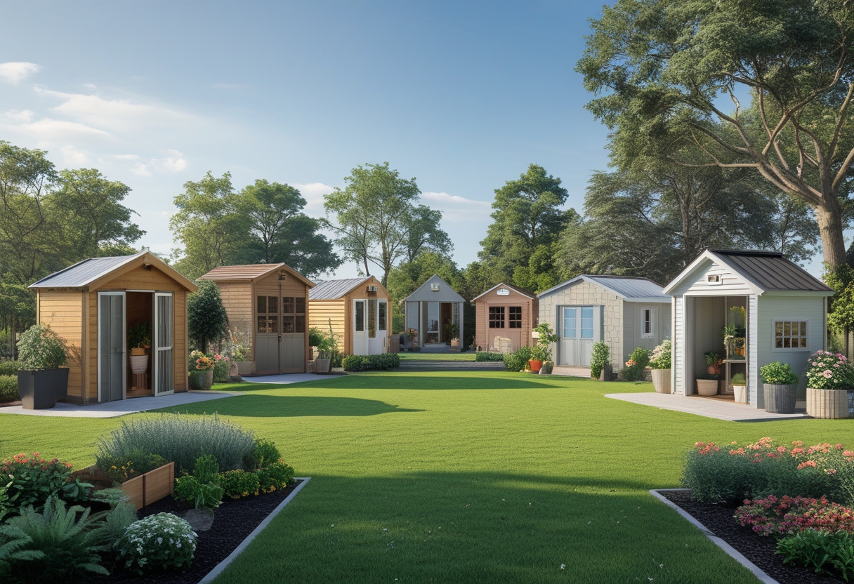A variety of twelve different garden sheds displayed outdoors among green lawns and flower beds.