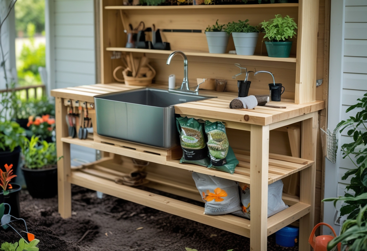 A compact wooden potting bench with a built-in sink inside a garden shed, surrounded by gardening tools and plants.