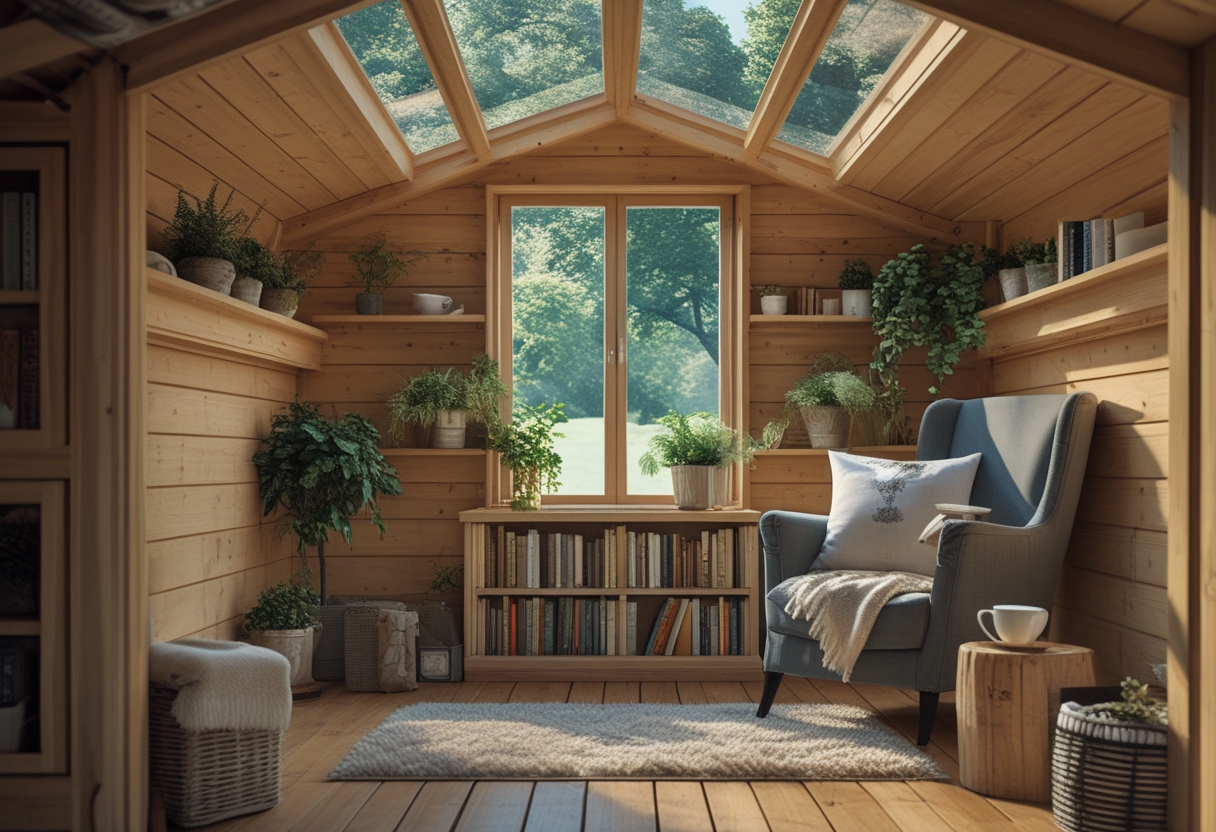 A cozy reading nook inside a garden shed with a comfortable chair, bookshelf, potted plants, and a skylight letting in natural light.