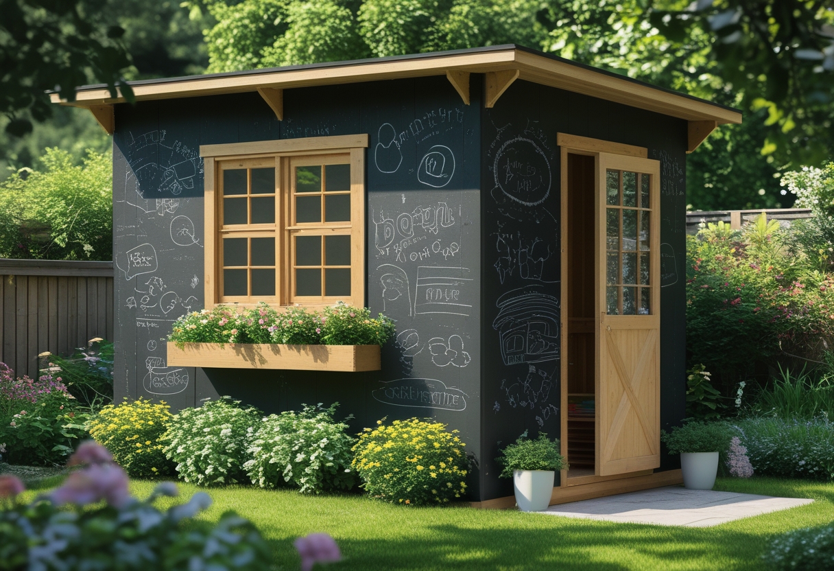 A garden shed with blackboard-painted walls surrounded by grass and flowers, featuring chalk drawings and a small window with flower boxes.