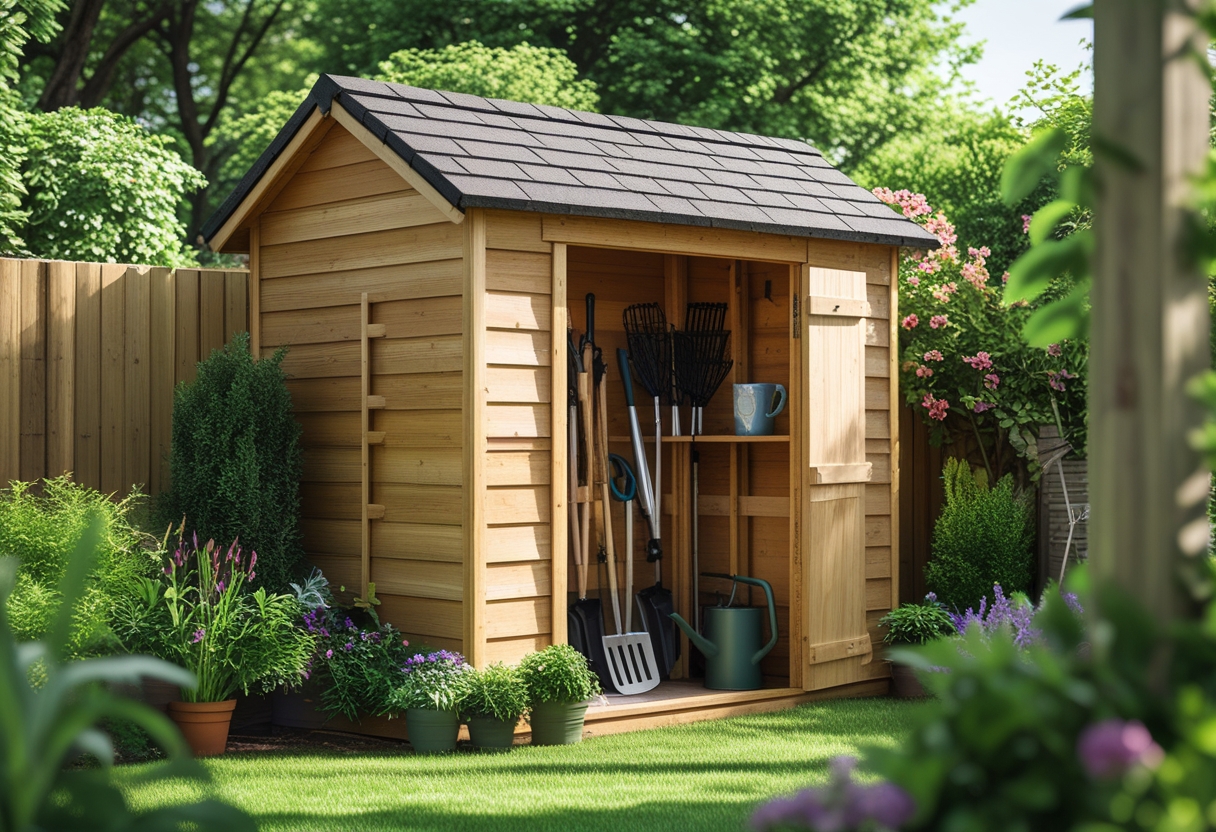 A lean-to tool storage shed with gardening tools inside, surrounded by green plants and flowers in a garden.