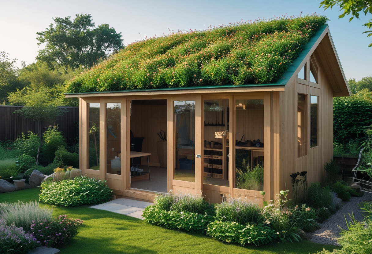 A wooden garden shed with a green roof covered in blooming wildflowers, surrounded by plants and garden greenery.