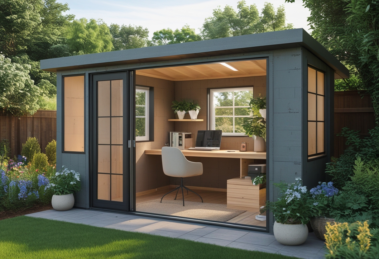 A garden office converted from a garden shed with insulation, showing a desk, chair, and shelves inside, surrounded by a green garden.