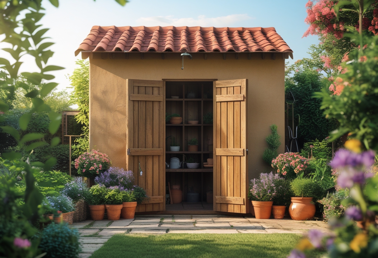 A garden potting shed surrounded by green plants and colorful flowers under a clear blue sky.