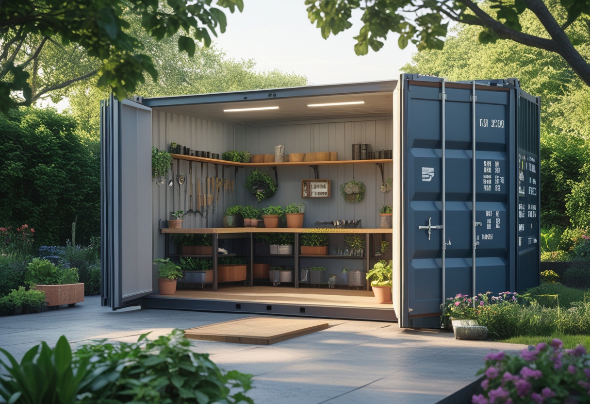 An upcycled shipping container converted into a garden workshop surrounded by plants and gardening tools.