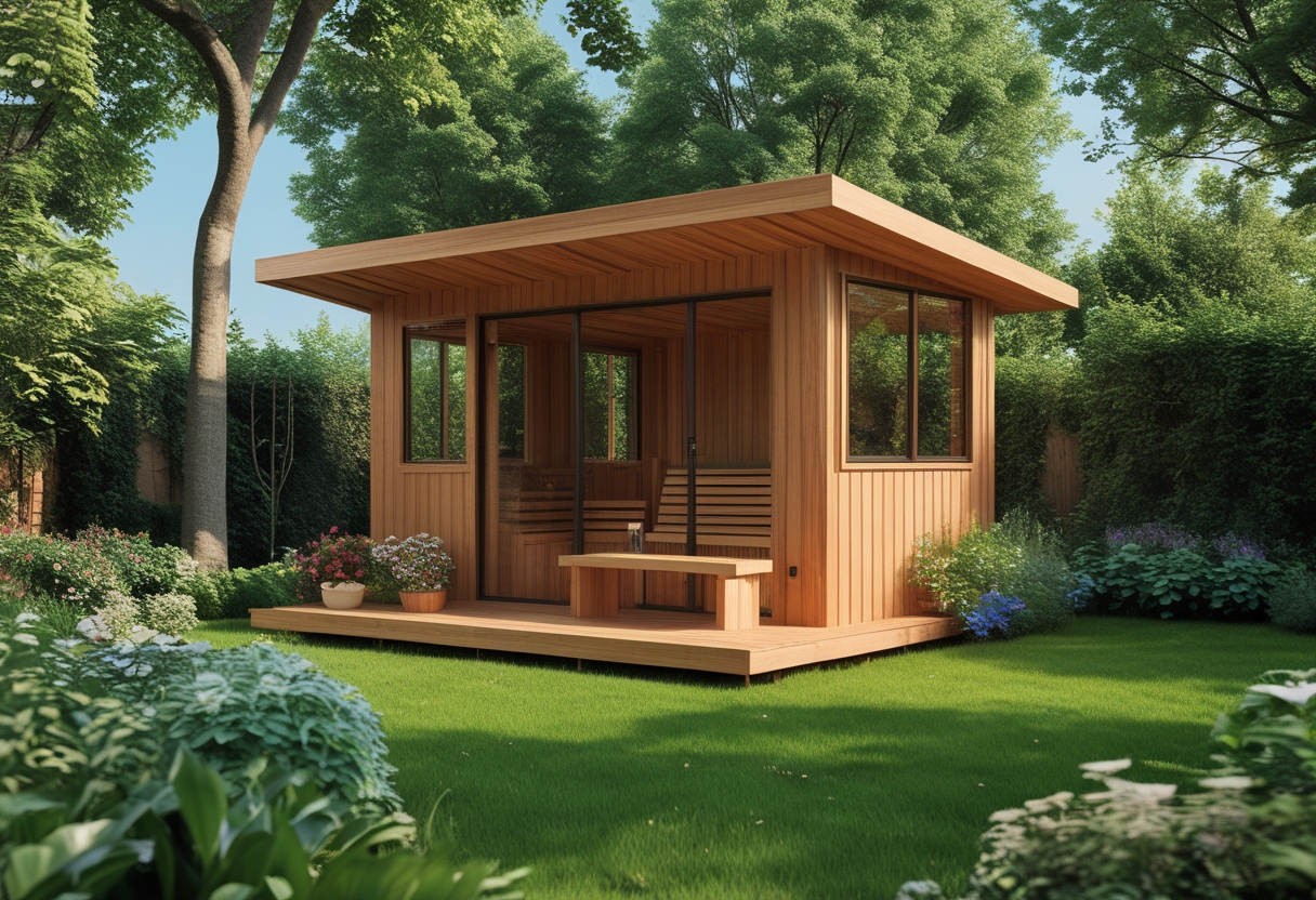 A cedar wood sauna shed in a green garden with plants and trees under a clear blue sky.