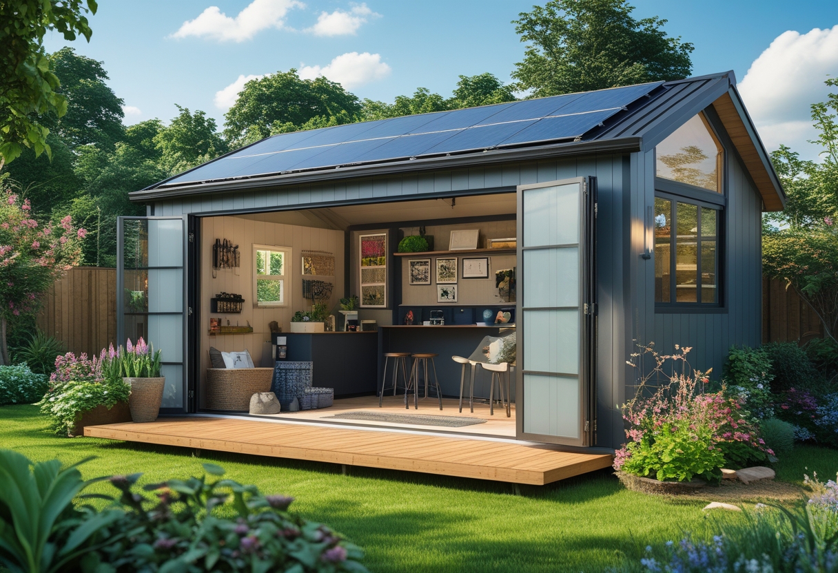 A garden shed with solar panels on the roof, surrounded by plants and flowers, with a wooden deck and visible hobby supplies inside.