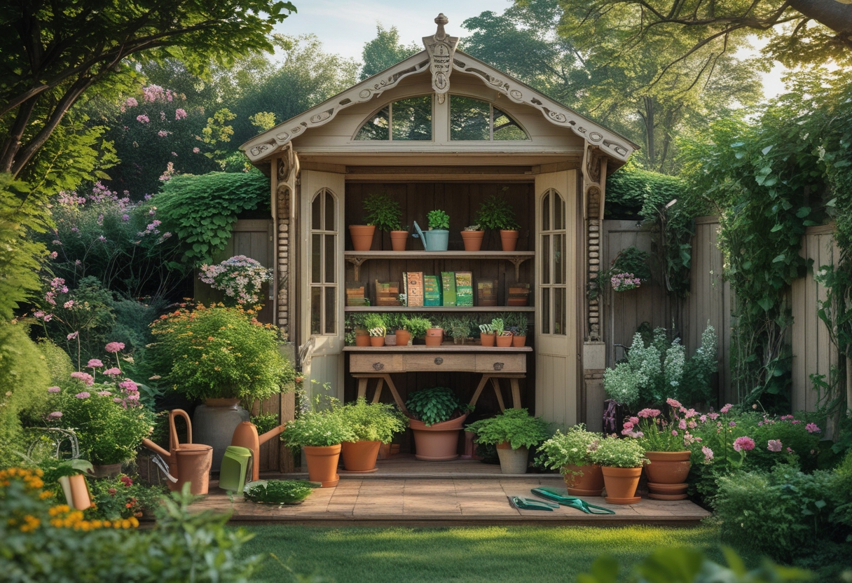A small wooden garden shed surrounded by plants and gardening tools with a potting bench inside.