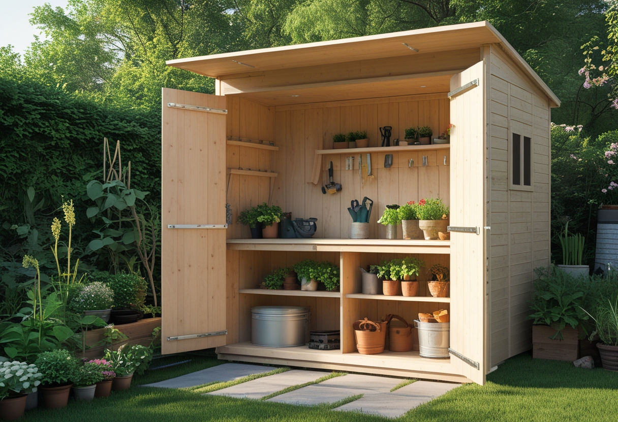 A garden shed with a fold-down workbench inside, surrounded by green plants and gardening tools.