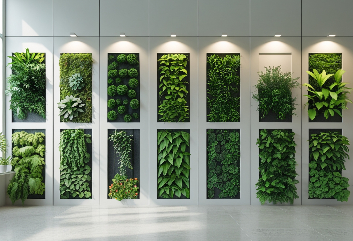 Nine vertical garden walls filled with various green plants arranged indoors.