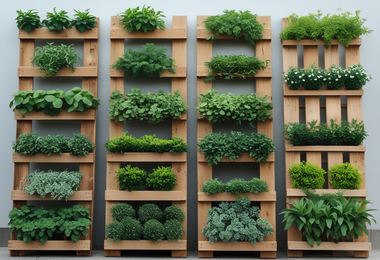 A wooden pallet vertical garden wall with nine sections filled with various green plants and flowers.