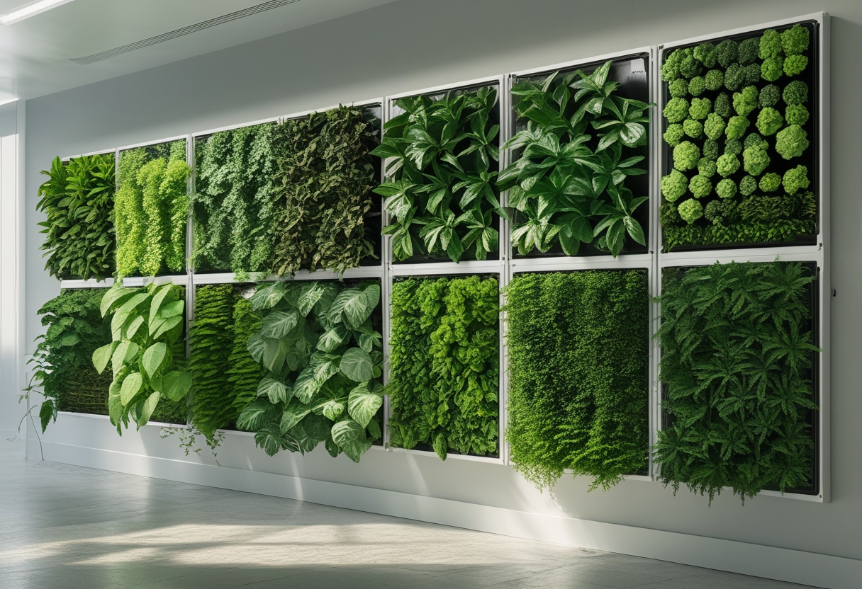 A vertical garden wall with nine panels filled with green plants mounted on an indoor wall.