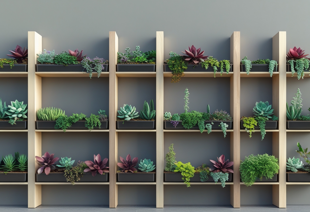 A vertical garden wall with nine mounted trough planters filled with various green succulents on a wooden frame.