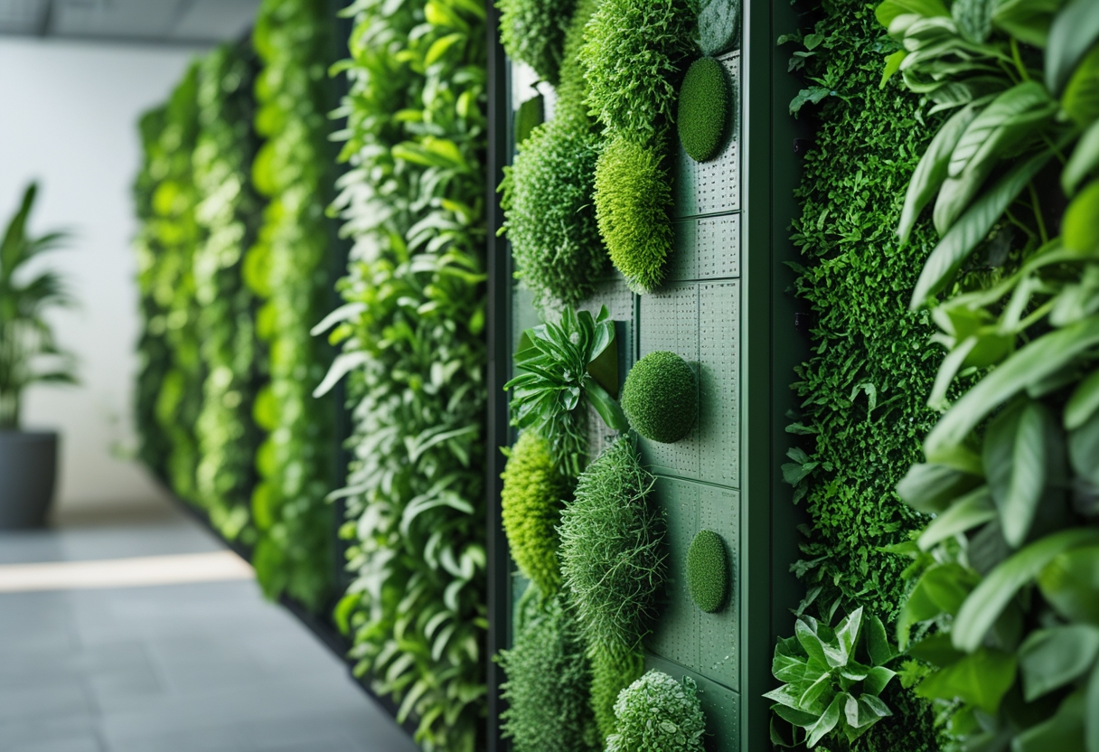 Nine vertical garden panels covered with lush green plants forming a modular green wall.