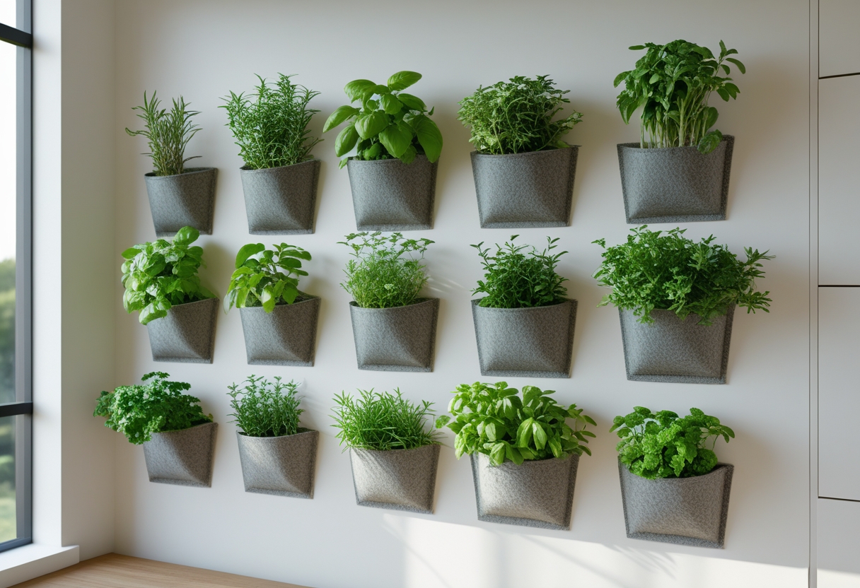 A kitchen wall with nine felt planter pockets holding various fresh green herbs arranged vertically.