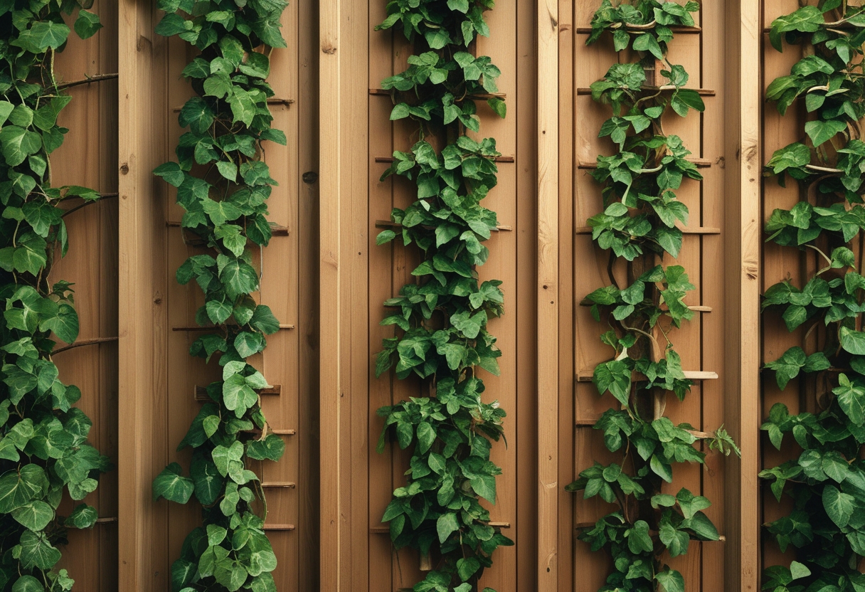 A vertical garden wall with nine sections of green vines growing on wooden cedar slats.