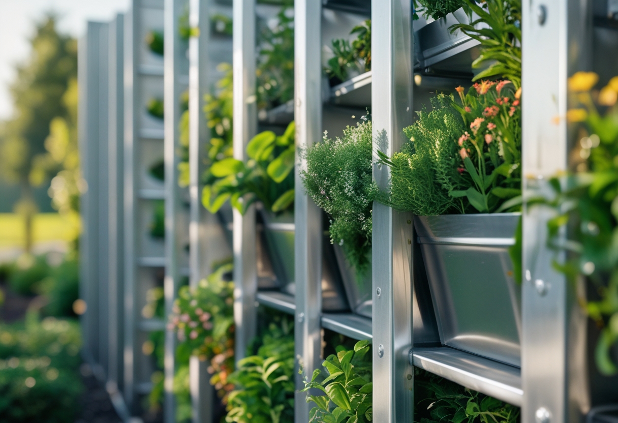 Nine vertical galvanized planter boxes mounted on a fence, filled with green plants and colorful flowers.