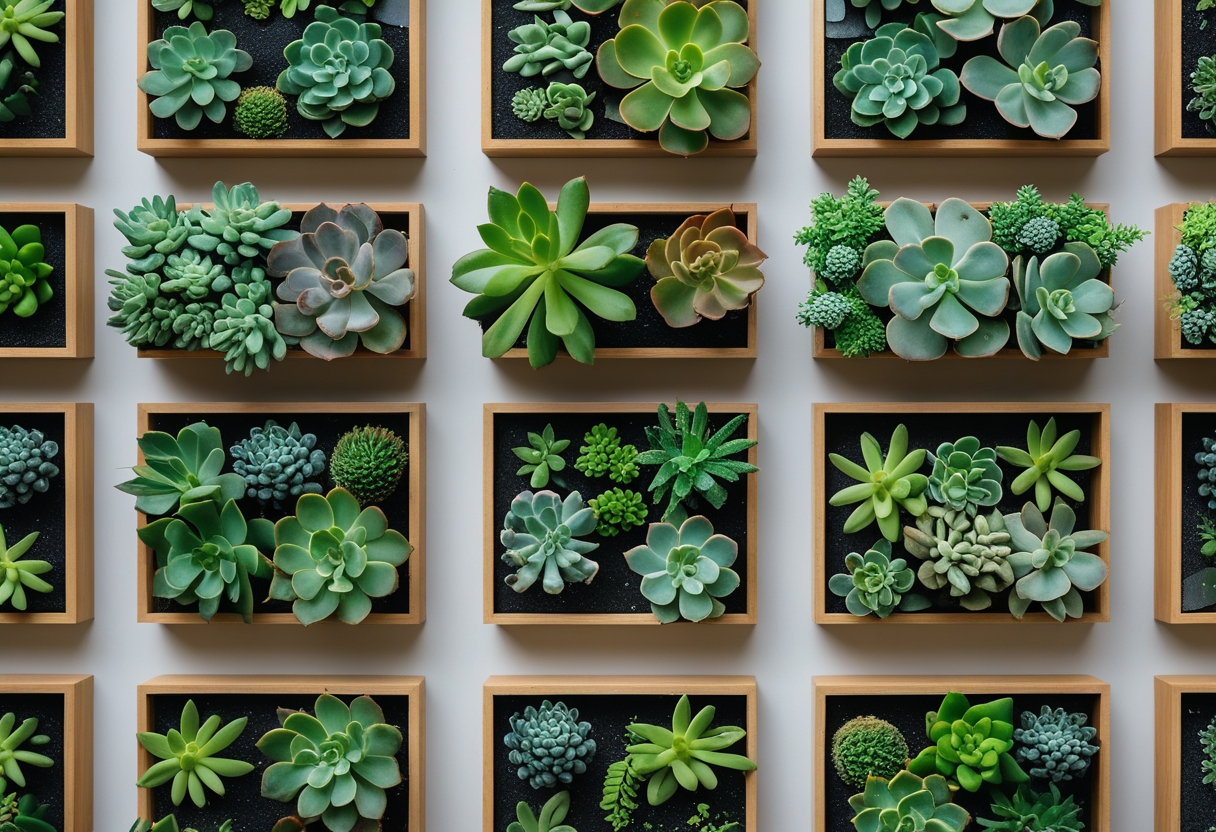 A vertical garden wall with nine wooden shadow box frames filled with green succulents.