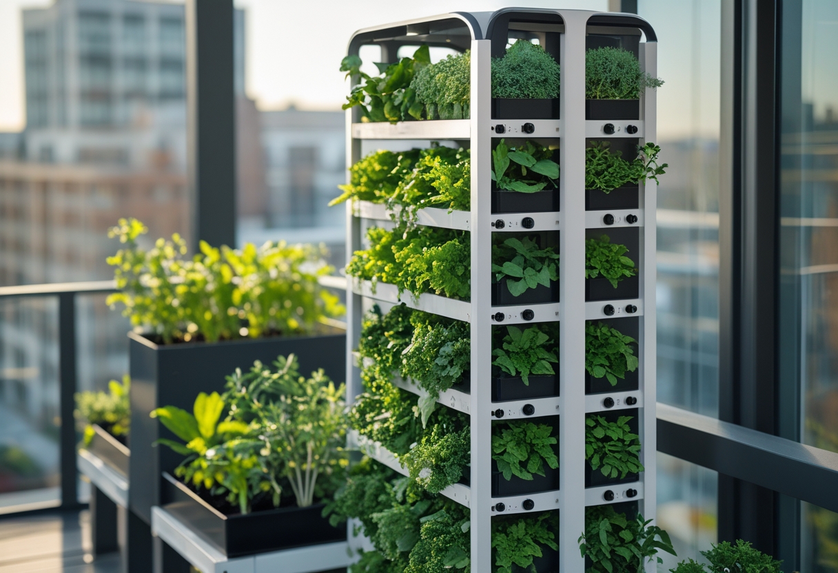 A hydroponic vertical garden tower with nine sections of green plants on a balcony overlooking a city.