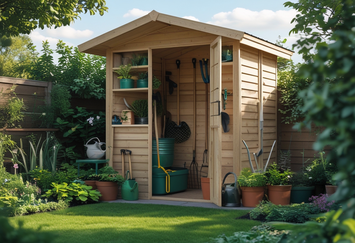 A wooden garden tool shed surrounded by green plants and garden tools in a backyard.