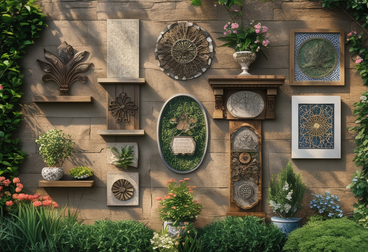A garden wall with eight different decorative pieces surrounded by plants and flowers.