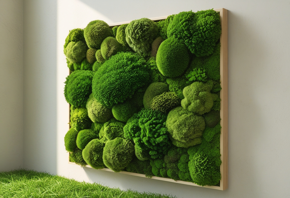 A preserved moss wall panel with vibrant green moss mounted on a wooden frame against a neutral background.
