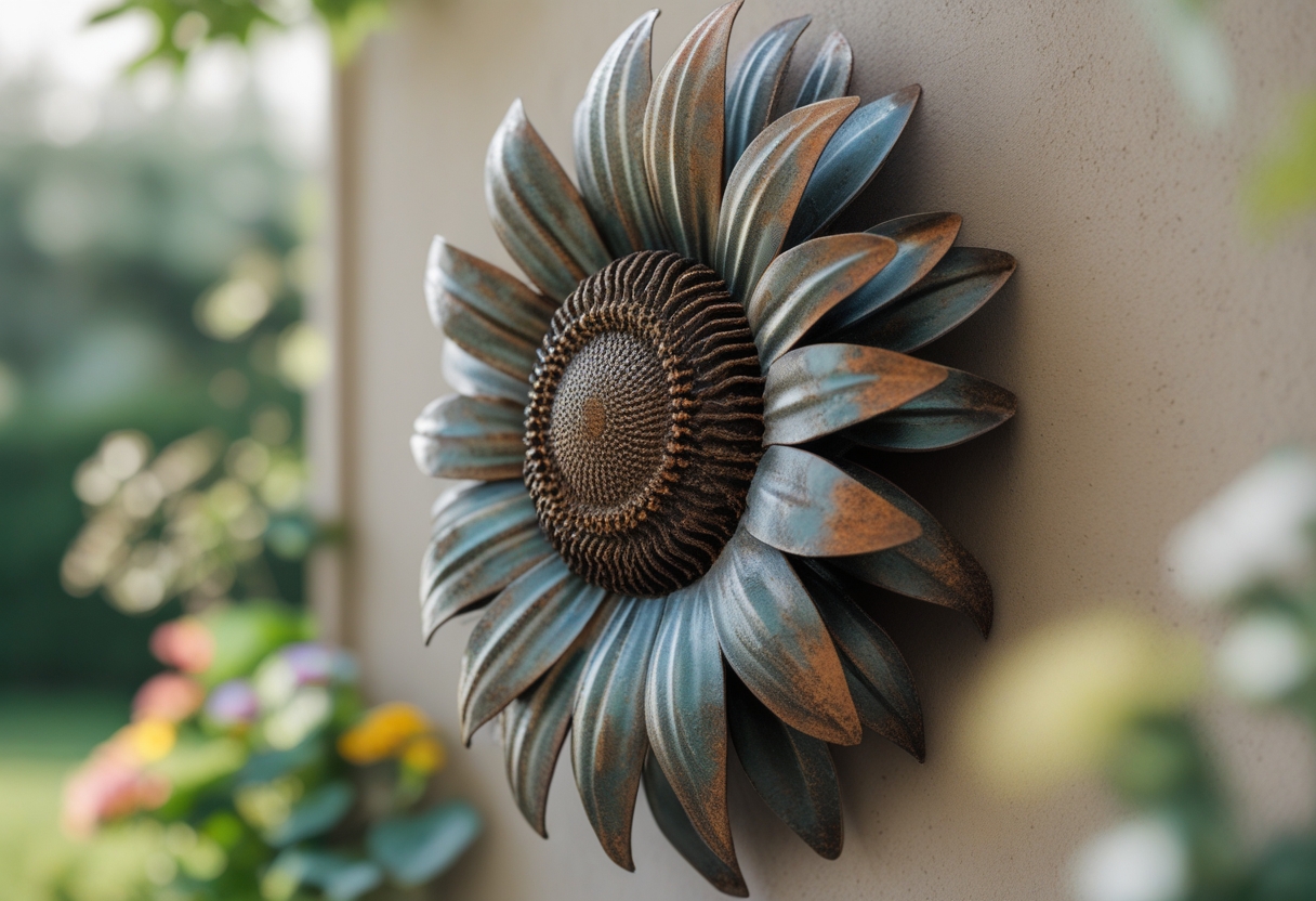 A rusty metal sunflower wall sculpture mounted on a garden wall with green plants in the background.