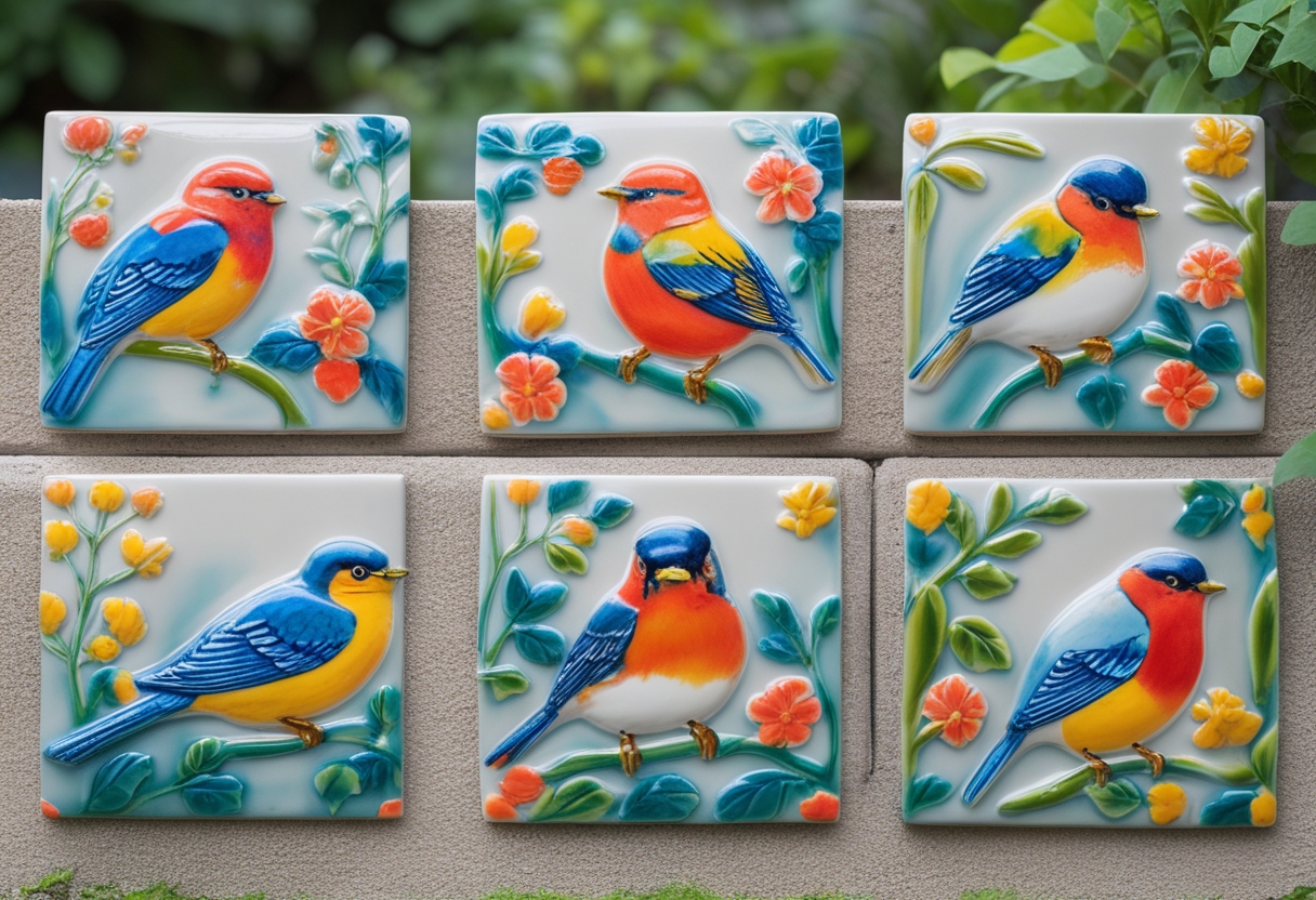 Six colorful ceramic bird tiles displayed on a garden wall with greenery in the background.