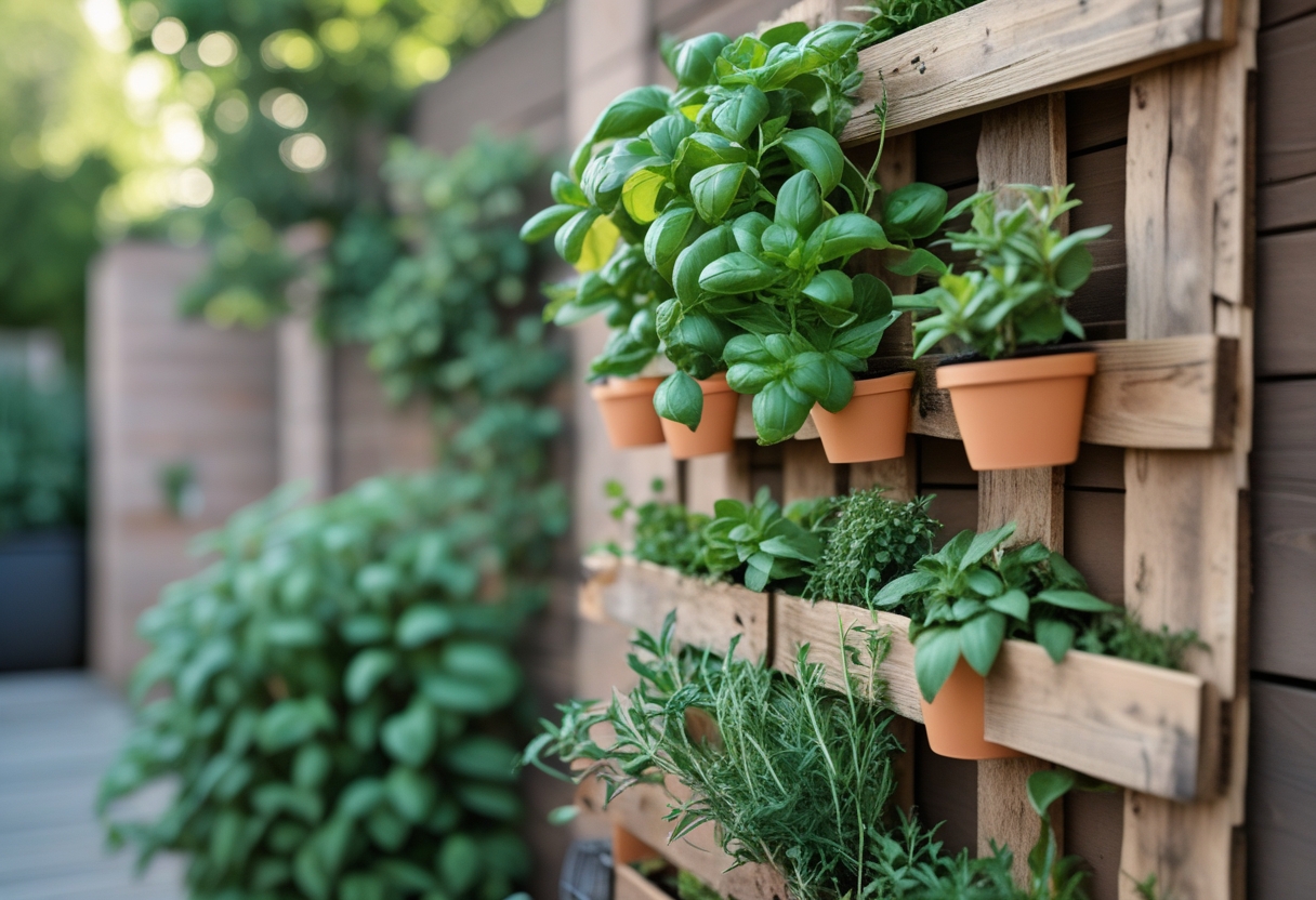 Vertical wooden pallet herb planter with various fresh green herbs mounted on a garden wall.