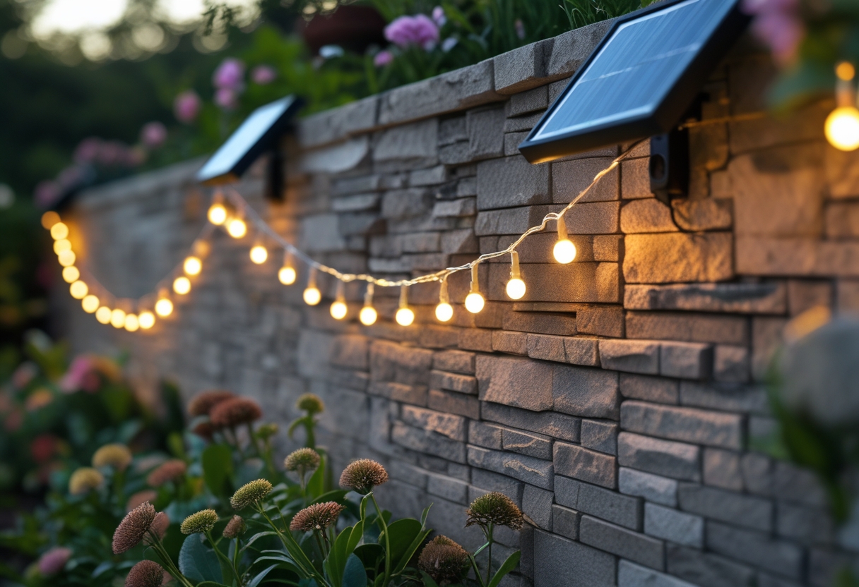 Eight solar-powered string fairy lights hanging on a garden wall surrounded by plants and flowers during early evening.