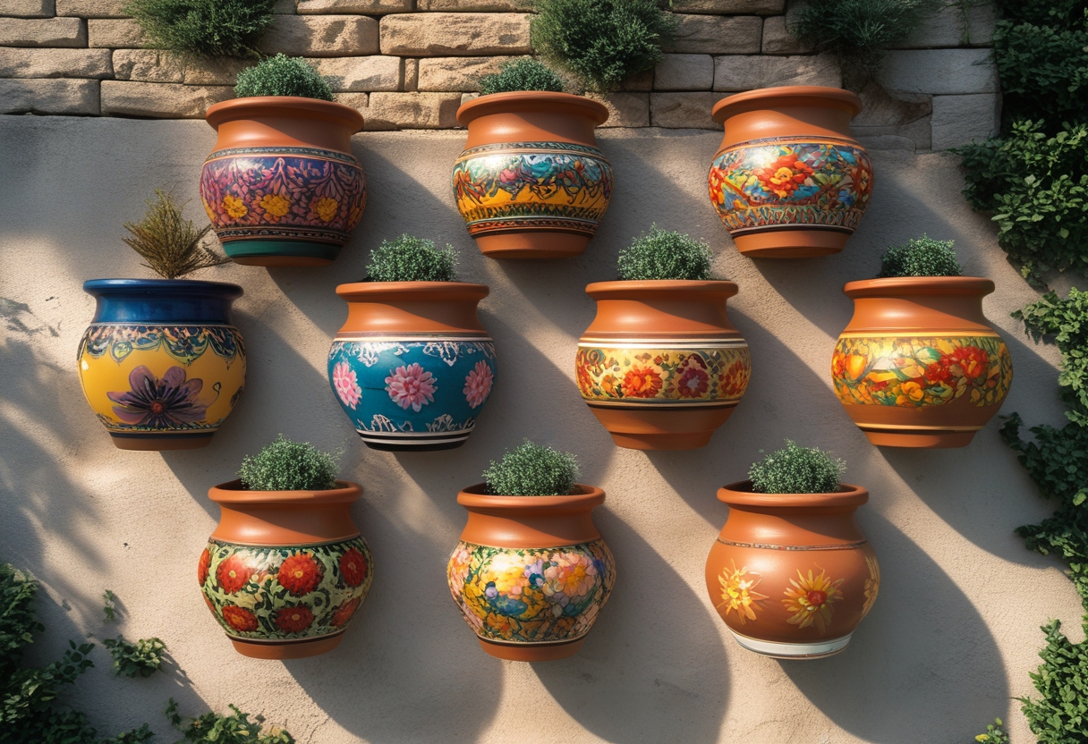 Eight colorful hand-painted terracotta pots hanging on a rustic garden wall, some with green plants inside.