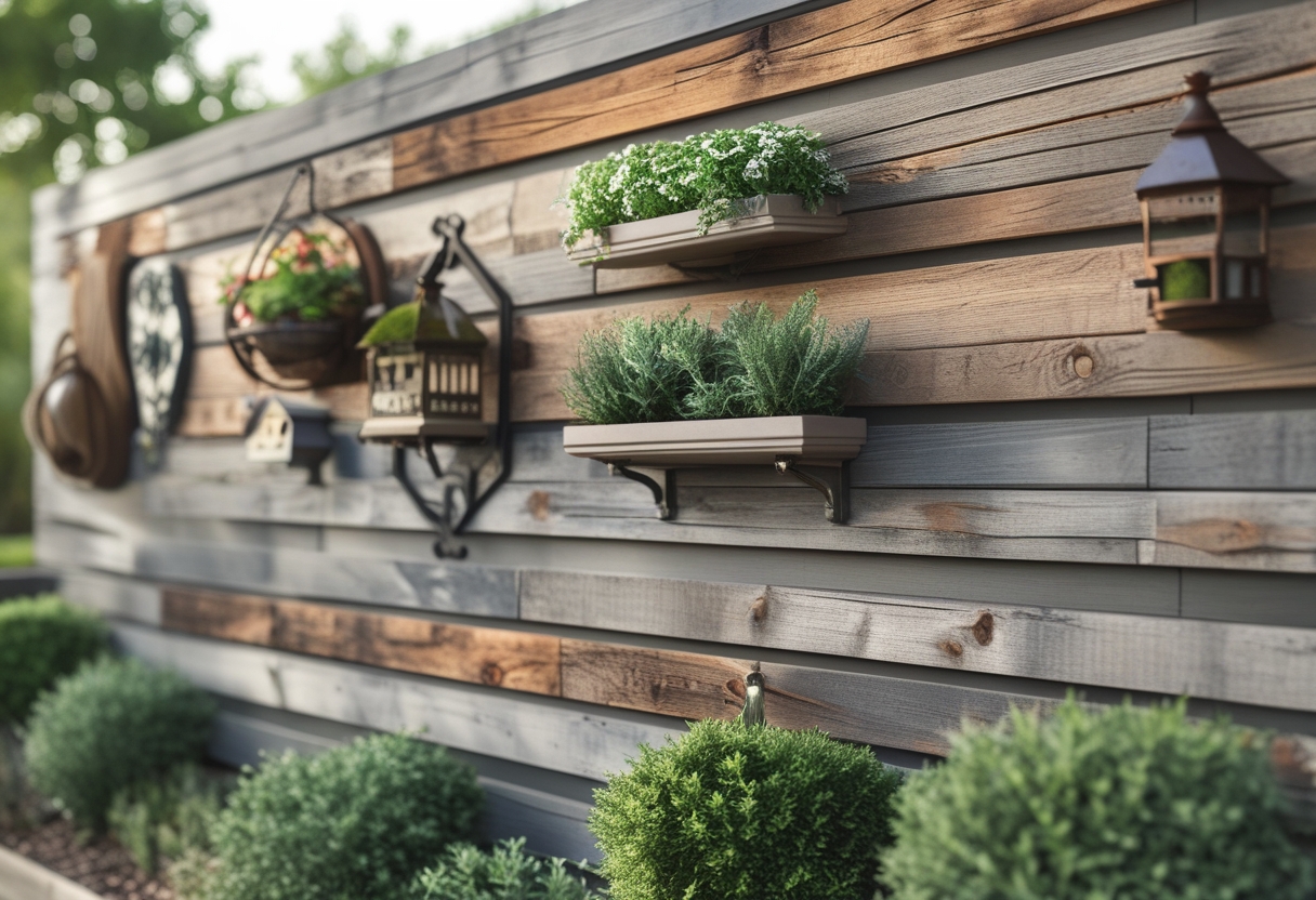 A garden wall made of reclaimed wood slats decorated with eight pieces of garden wall decor, including plants and sculptures.