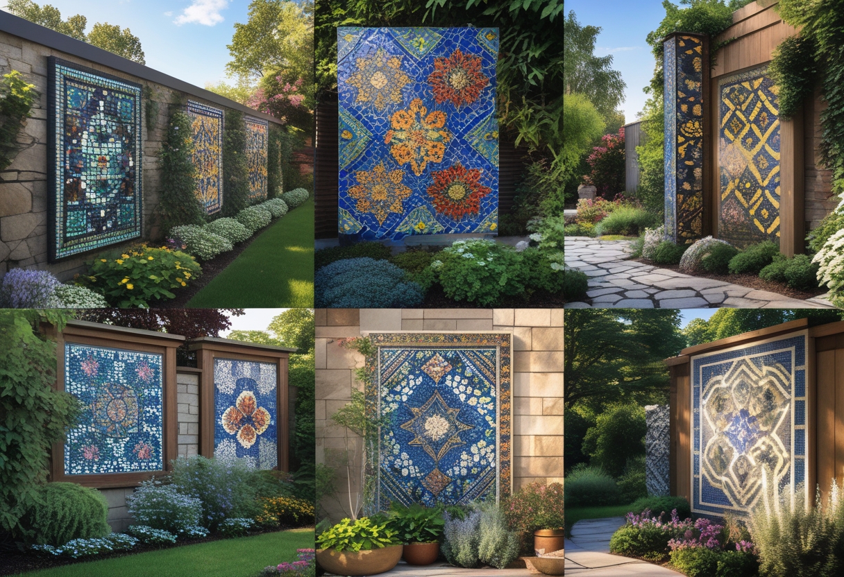 Eight colorful mosaic tile murals displayed on garden walls surrounded by plants and greenery.