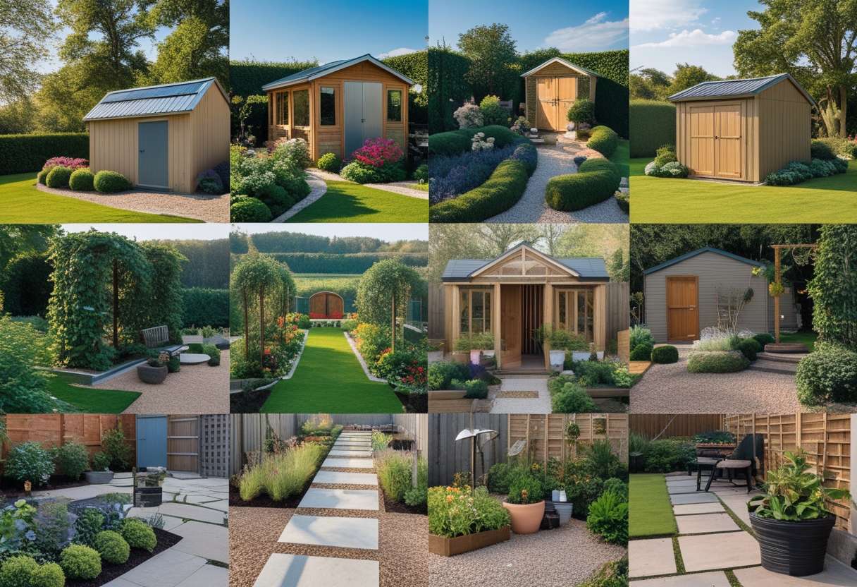 A collection of ten different garden sheds surrounded by various plants, flowers, pathways, and outdoor decorations in a sunny garden.