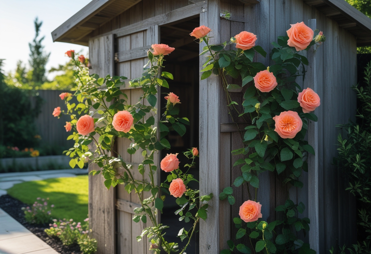 Climbing roses growing on a trellis beside a garden shed surrounded by plants and flowers.