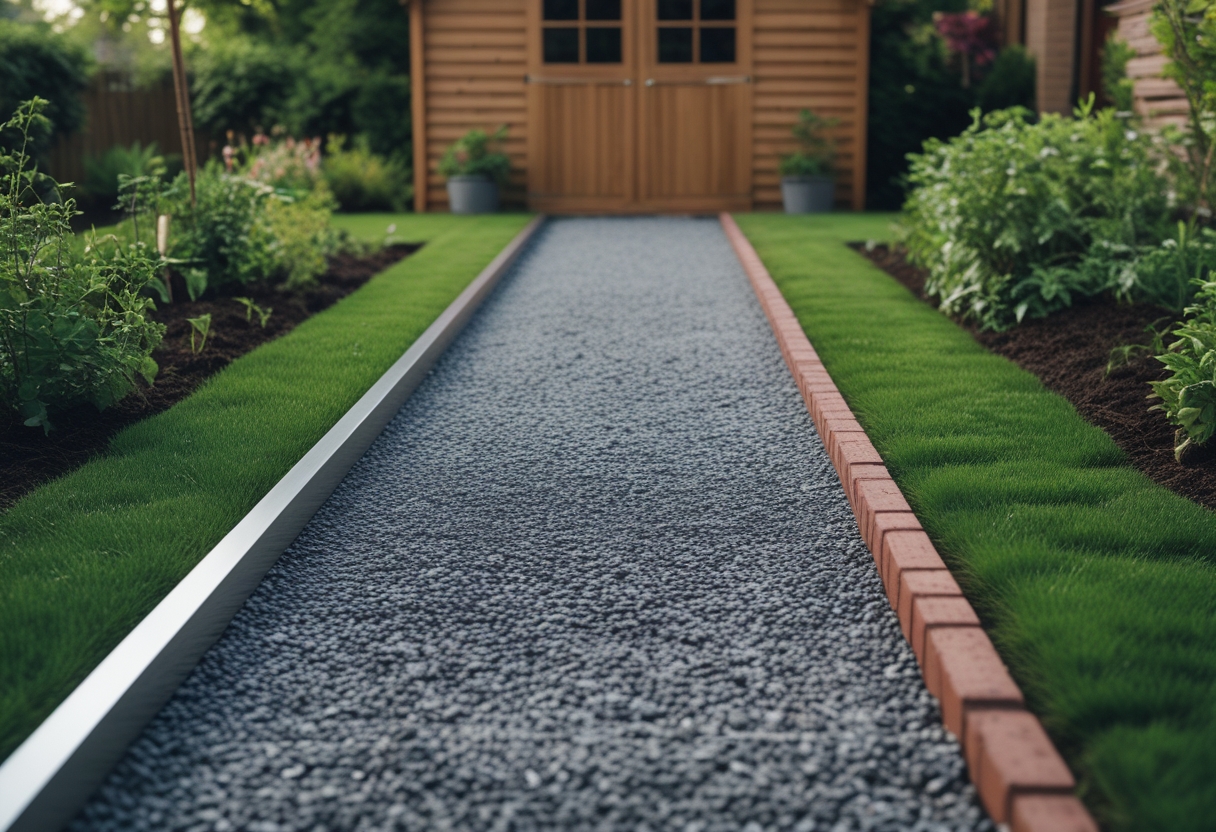 A gravel path edged with steel or brick leading to the door of a garden shed surrounded by grass and plants.