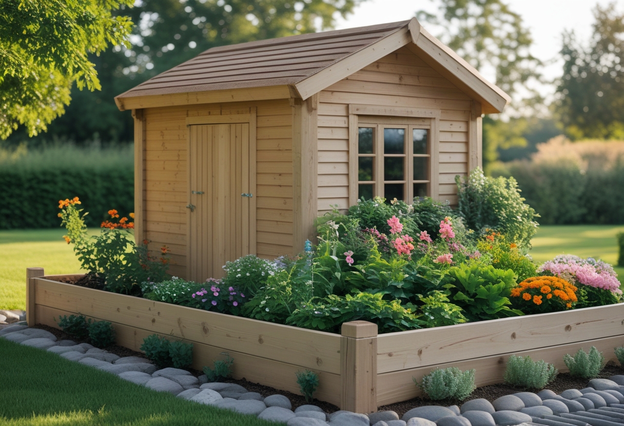 A garden shed surrounded by a raised flower bed filled with colorful flowers and green plants.