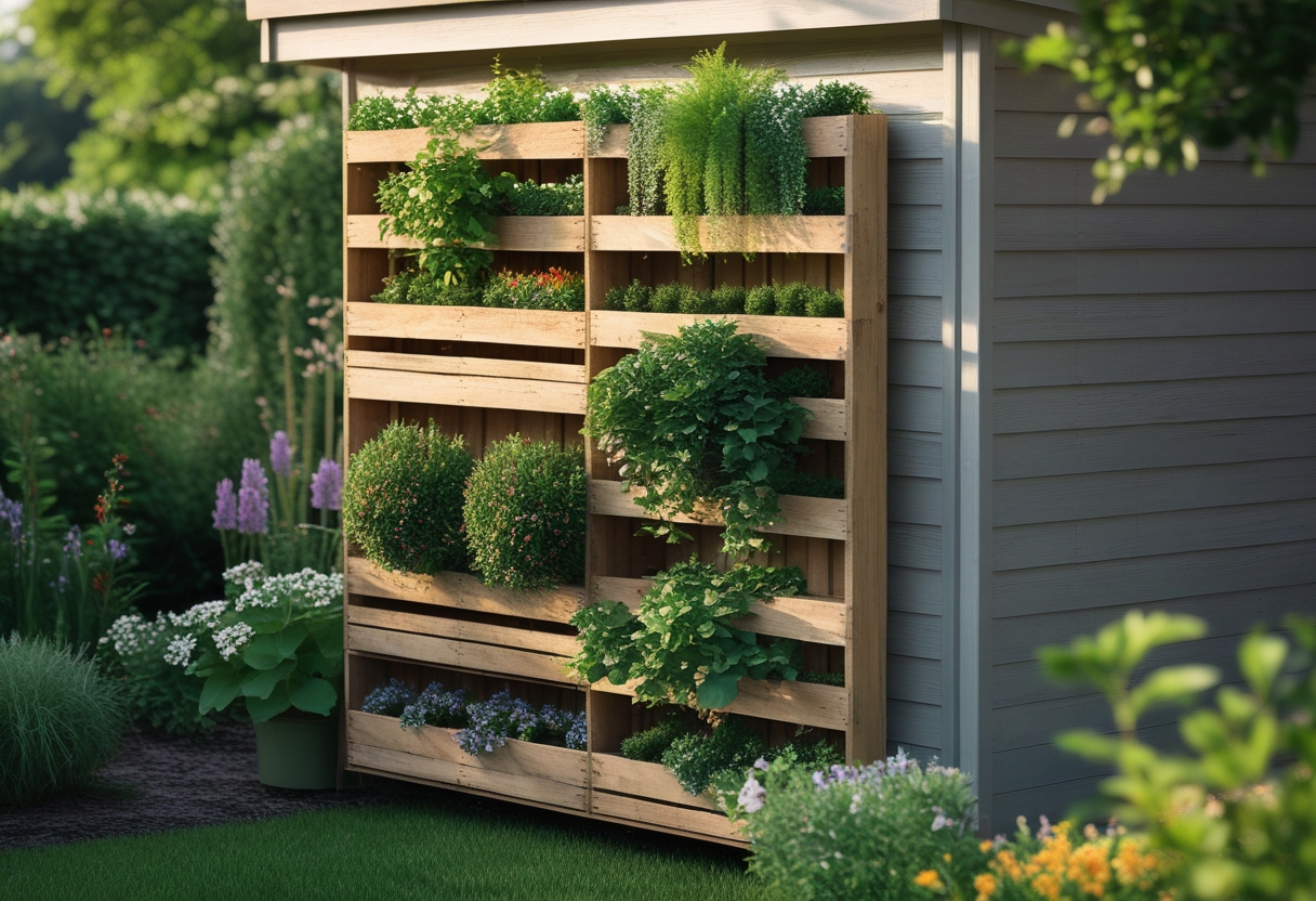Vertical pallet planter with green plants and flowers mounted on the exterior wall of a garden shed surrounded by a garden.