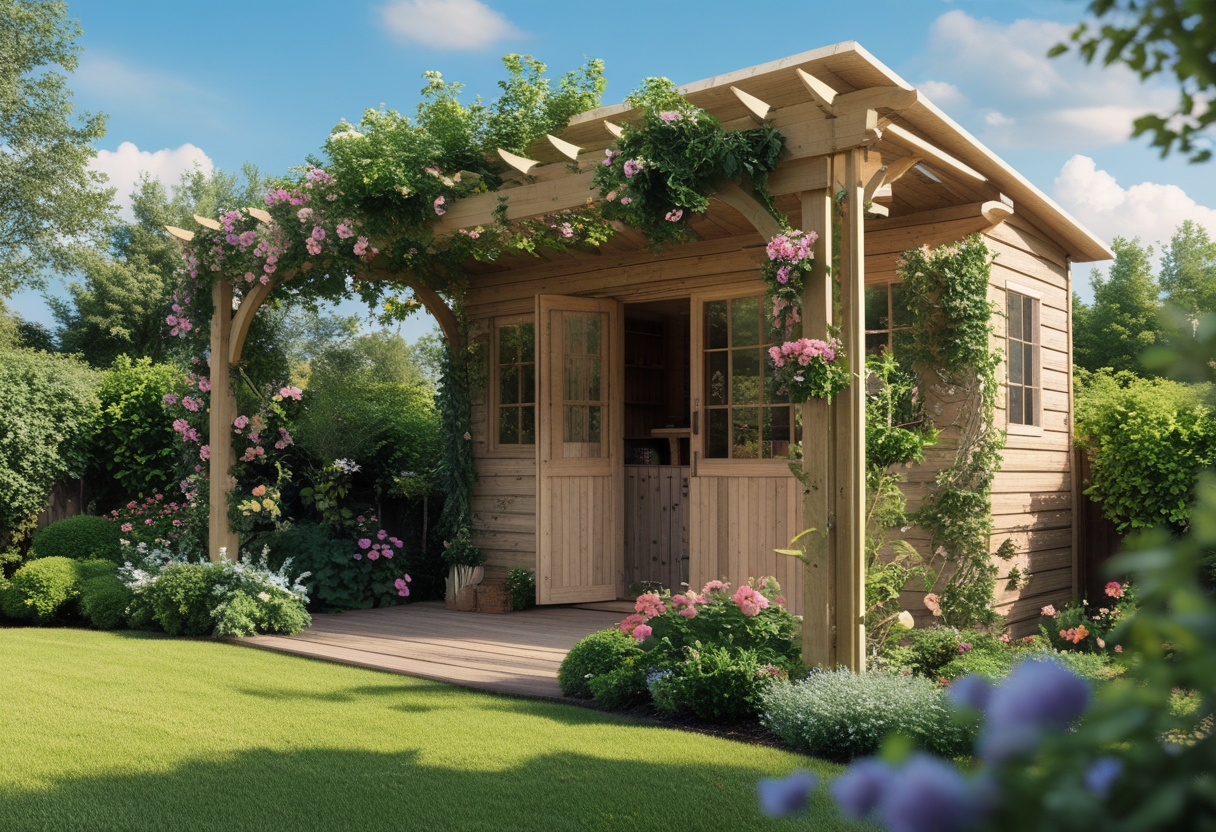 Garden shed entrance with a wooden pergola covered in climbing plants and flowers, surrounded by green shrubs and a lawn.