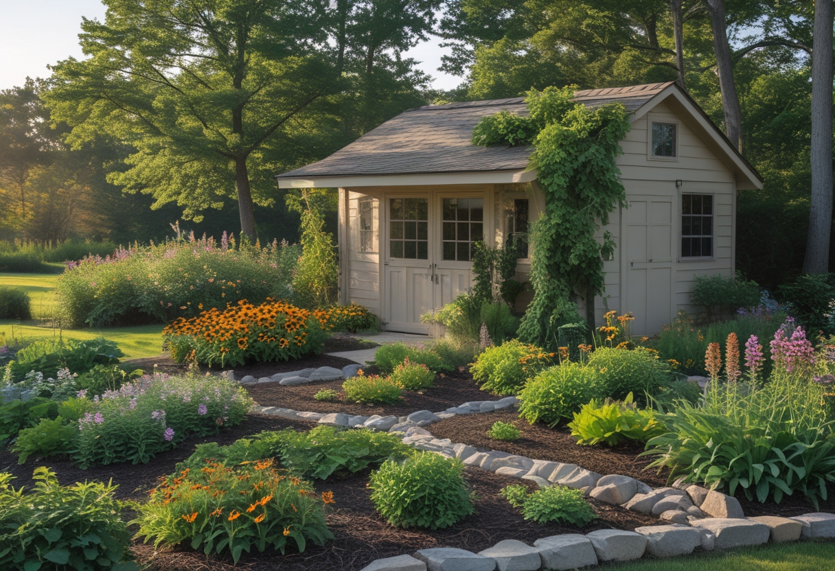 A garden shed surrounded by colorful native flowers with bees and butterflies flying around.