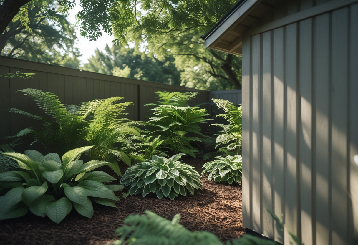 A shaded garden area beside a wooden garden shed with green ferns and hosta plants growing in mulch and stones.
