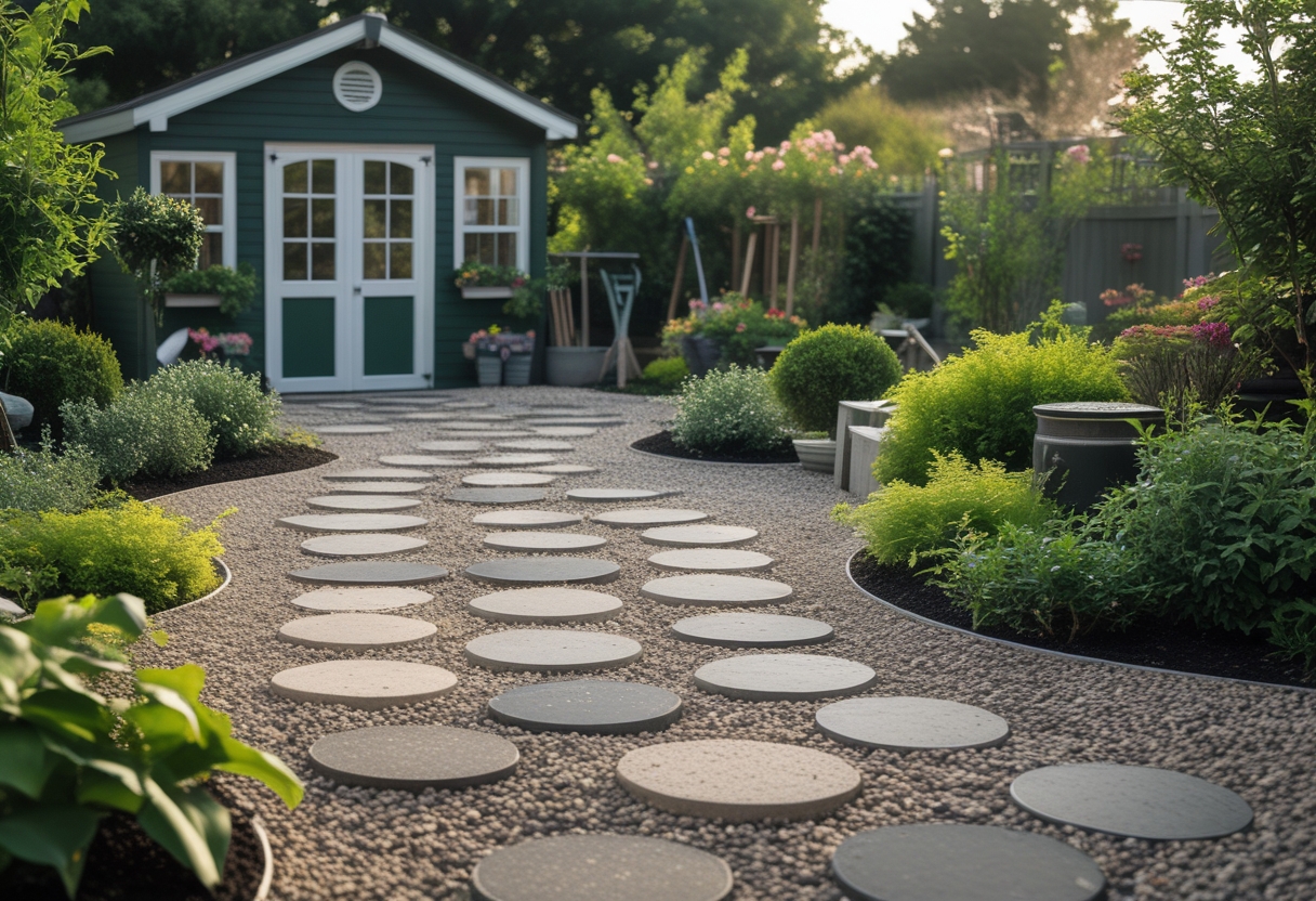 A garden workspace with a gravel and paver stepping-stone mosaic pathway leading to a garden shed surrounded by plants and flowers.