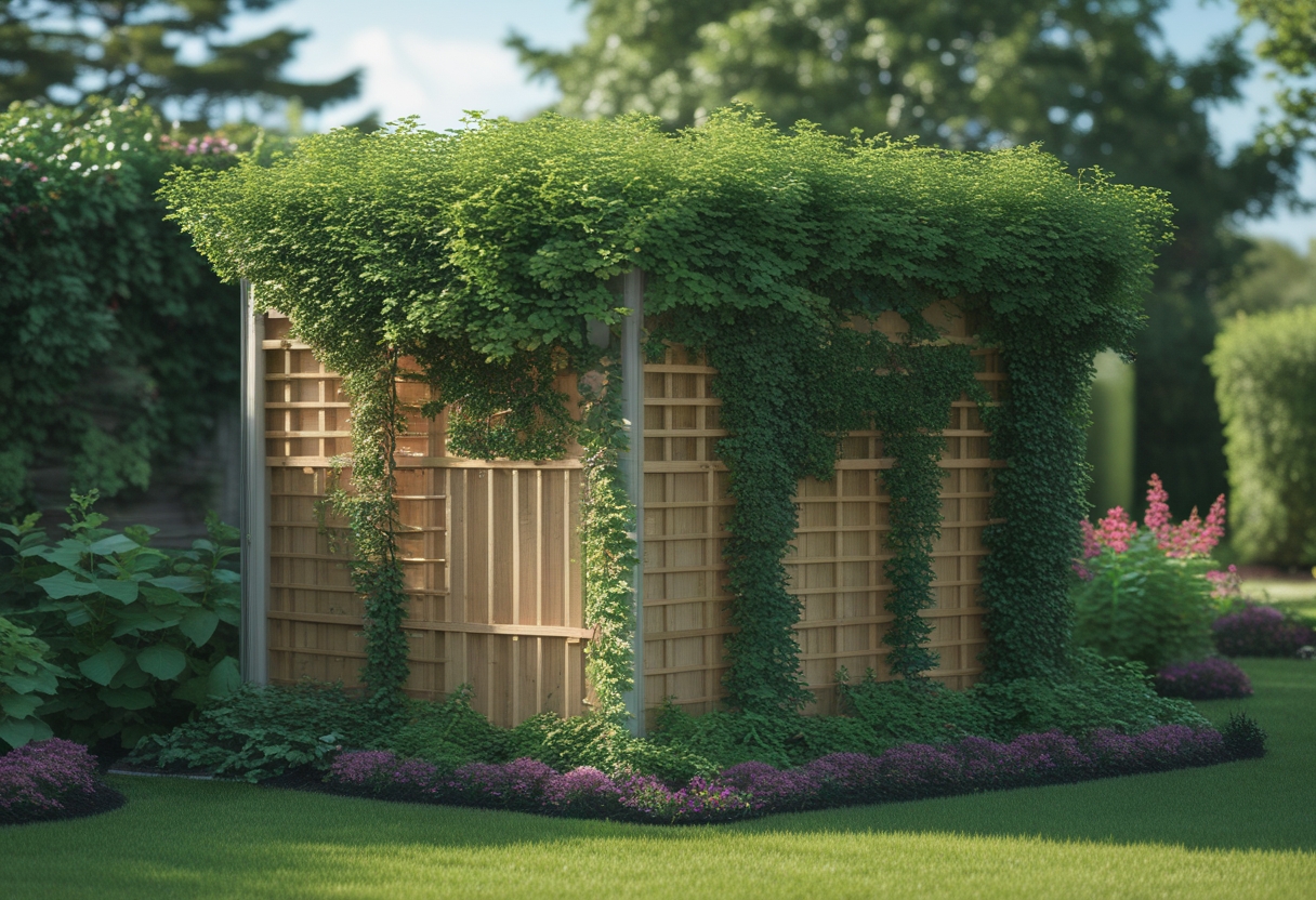 A garden shed with a wooden lattice skirt covered in green ivy, surrounded by plants and flowers.