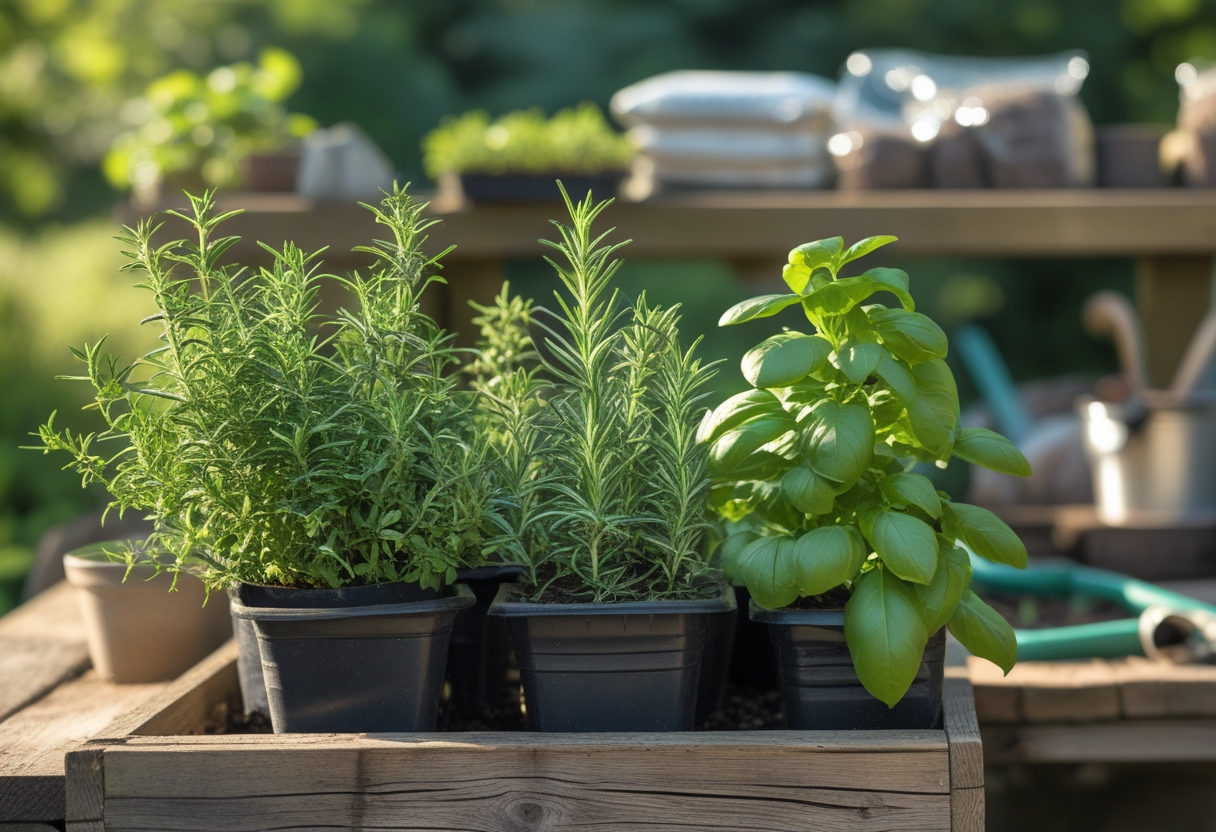 Small herb garden with thyme, rosemary, and basil plants in front of a wooden potting bench outdoors.